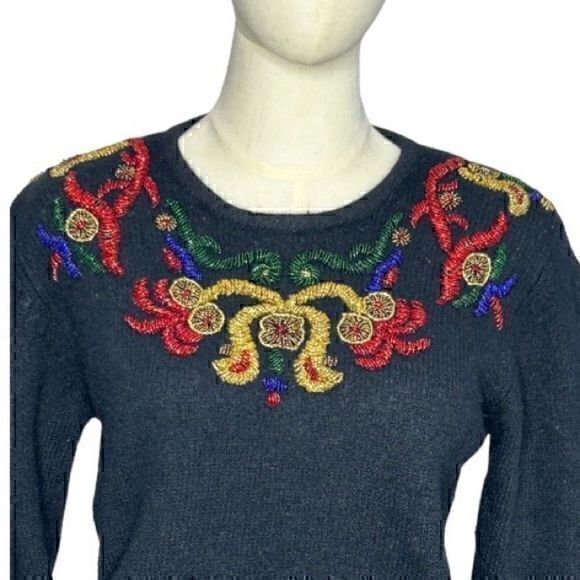 Vintage Karen Scott Black Silk Blend Jewel Toned Beaded Sweater Size Large - Picture 1 of 6